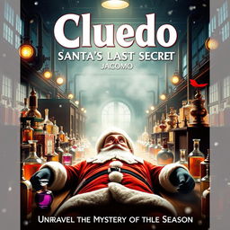 A movie poster for a film titled 'Cluedo: Santa's Last Secret', featuring a dramatic scene set in a perfume factory called Jacomo