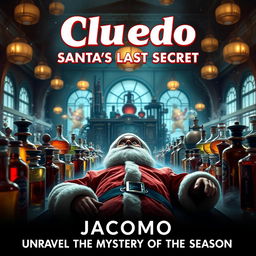 A movie poster for a film titled 'Cluedo: Santa's Last Secret', featuring a dramatic scene set in a perfume factory called Jacomo
