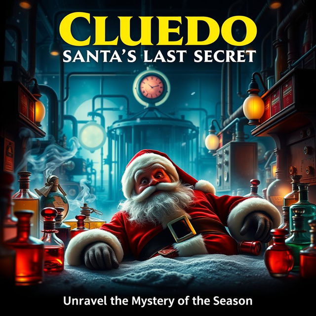 A movie poster for a film titled 'Cluedo: Santa's Last Secret', featuring a dramatic scene set in a perfume factory called Jacomo