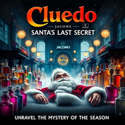 A movie poster for a film titled 'Cluedo: Santa's Last Secret', featuring a dramatic scene set in a perfume factory called Jacomo