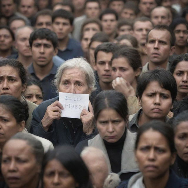 Crowds of people displaying signs of hunger, with sadness and desperation present in their faces.