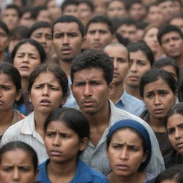 Crowds of people displaying signs of hunger, with sadness and desperation present in their faces.