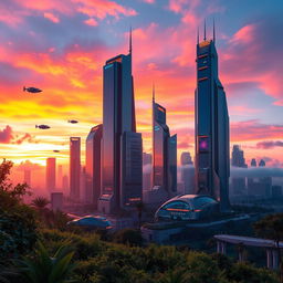 A surreal landscape featuring a futuristic cityscape at sunset, with soaring skyscrapers made of glass and metal, reflecting the vibrant colors of the sky in shades of orange, pink, and purple