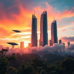 A surreal landscape featuring a futuristic cityscape at sunset, with soaring skyscrapers made of glass and metal, reflecting the vibrant colors of the sky in shades of orange, pink, and purple