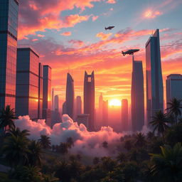 A surreal landscape featuring a futuristic cityscape at sunset, with soaring skyscrapers made of glass and metal, reflecting the vibrant colors of the sky in shades of orange, pink, and purple