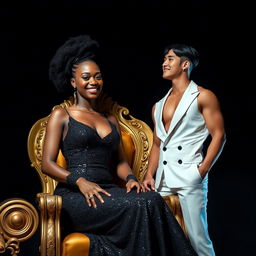 A majestic African woman, not smiling, is seated elegantly on a golden throne, wearing a form-fitting black gown covered in shimmering black sequins