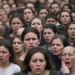 Crowds of people displaying signs of hunger, with sadness and desperation present in their faces.