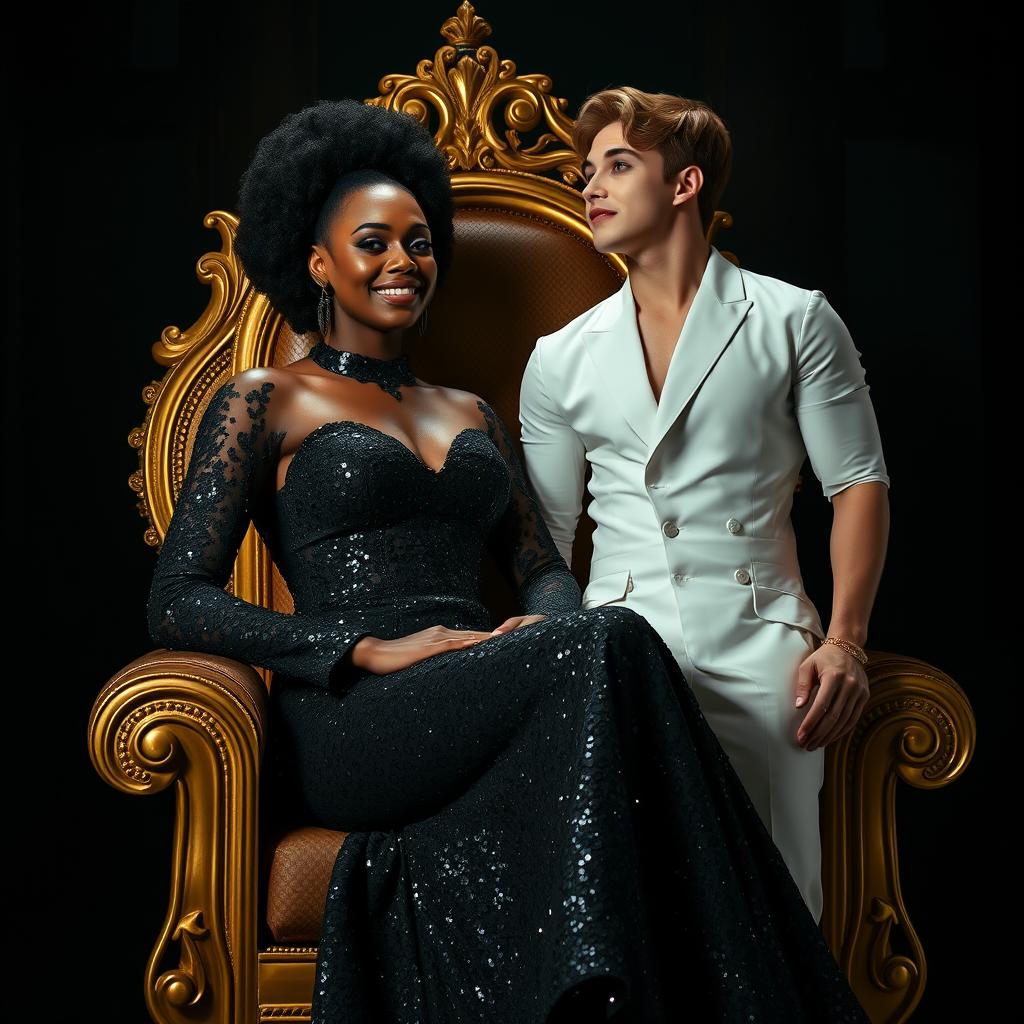 A majestic African woman, not smiling, is seated elegantly on a golden throne, wearing a form-fitting black gown covered in shimmering black sequins