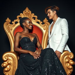 A majestic African woman, not smiling, is seated elegantly on a golden throne, wearing a form-fitting black gown covered in shimmering black sequins