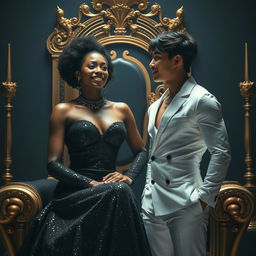 A majestic African woman, not smiling, is seated elegantly on a golden throne, wearing a form-fitting black gown covered in shimmering black sequins