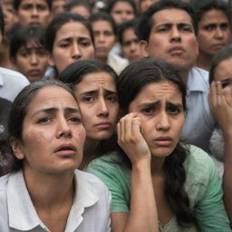 Crowds of people displaying signs of hunger, with sadness and desperation present in their faces.