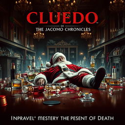 A thriller movie poster for 'Cluedo: The Jacomo Chronicles', featuring an intense and suspenseful scene set in a high-end perfume factory named Jacomo