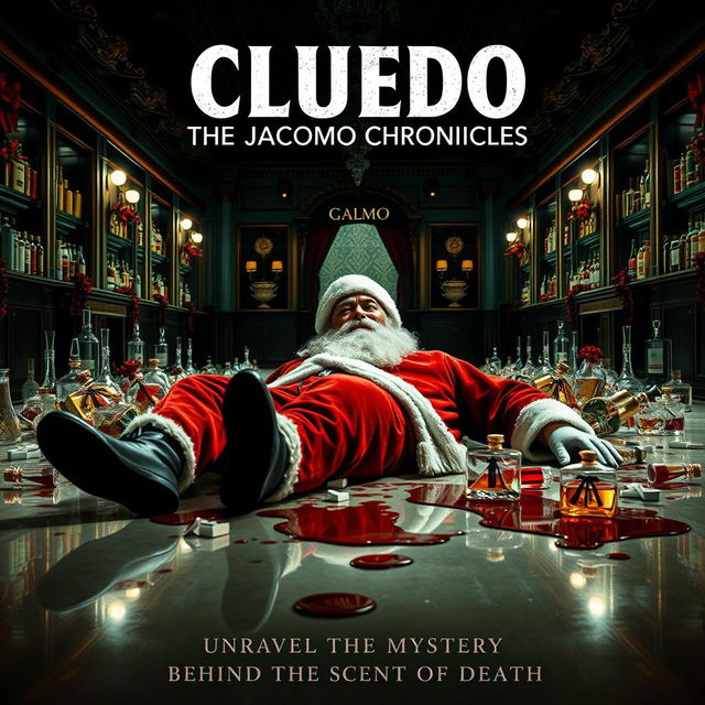 A thriller movie poster for 'Cluedo: The Jacomo Chronicles', featuring an intense and suspenseful scene set in a high-end perfume factory named Jacomo