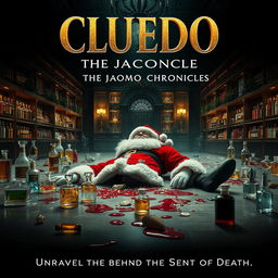 A thriller movie poster for 'Cluedo: The Jacomo Chronicles', featuring an intense and suspenseful scene set in a high-end perfume factory named Jacomo
