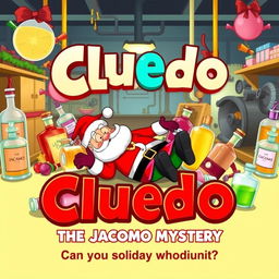 A colorful cartoon-style poster for the film 'Cluedo: The Jacomo Mystery', featuring a whimsical and playful scene set in a perfume factory named Jacomo