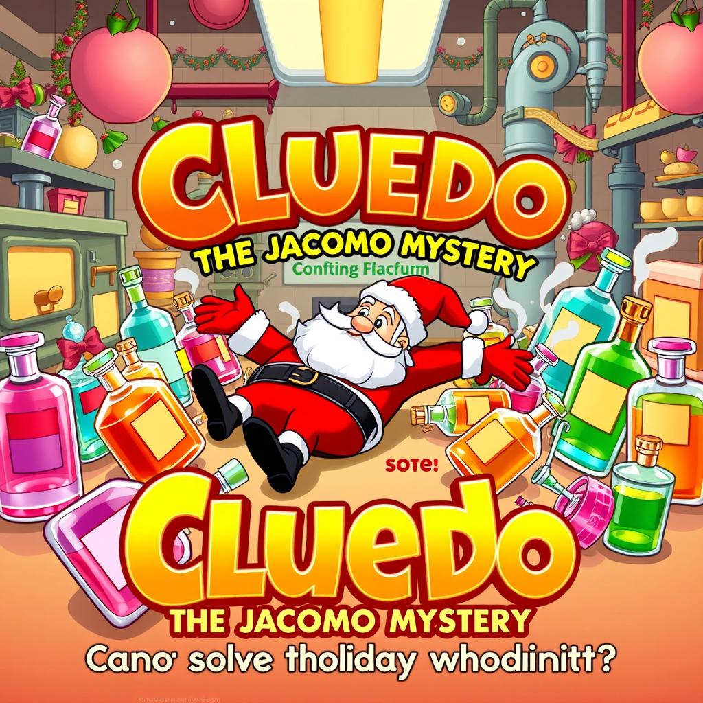 A colorful cartoon-style poster for the film 'Cluedo: The Jacomo Mystery', featuring a whimsical and playful scene set in a perfume factory named Jacomo