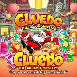 A colorful cartoon-style poster for the film 'Cluedo: The Jacomo Mystery', featuring a whimsical and playful scene set in a perfume factory named Jacomo