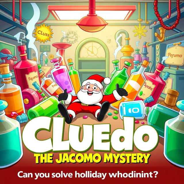 A colorful cartoon-style poster for the film 'Cluedo: The Jacomo Mystery', featuring a whimsical and playful scene set in a perfume factory named Jacomo