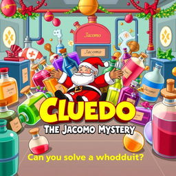 A colorful cartoon-style poster for the film 'Cluedo: The Jacomo Mystery', featuring a whimsical and playful scene set in a perfume factory named Jacomo