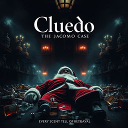 A moody film poster for 'Cluedo: The Jacomo Case', featuring a dark and atmospheric scene set in an opulent perfume factory named Jacomo