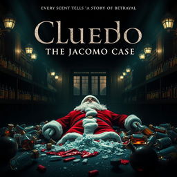 A moody film poster for 'Cluedo: The Jacomo Case', featuring a dark and atmospheric scene set in an opulent perfume factory named Jacomo