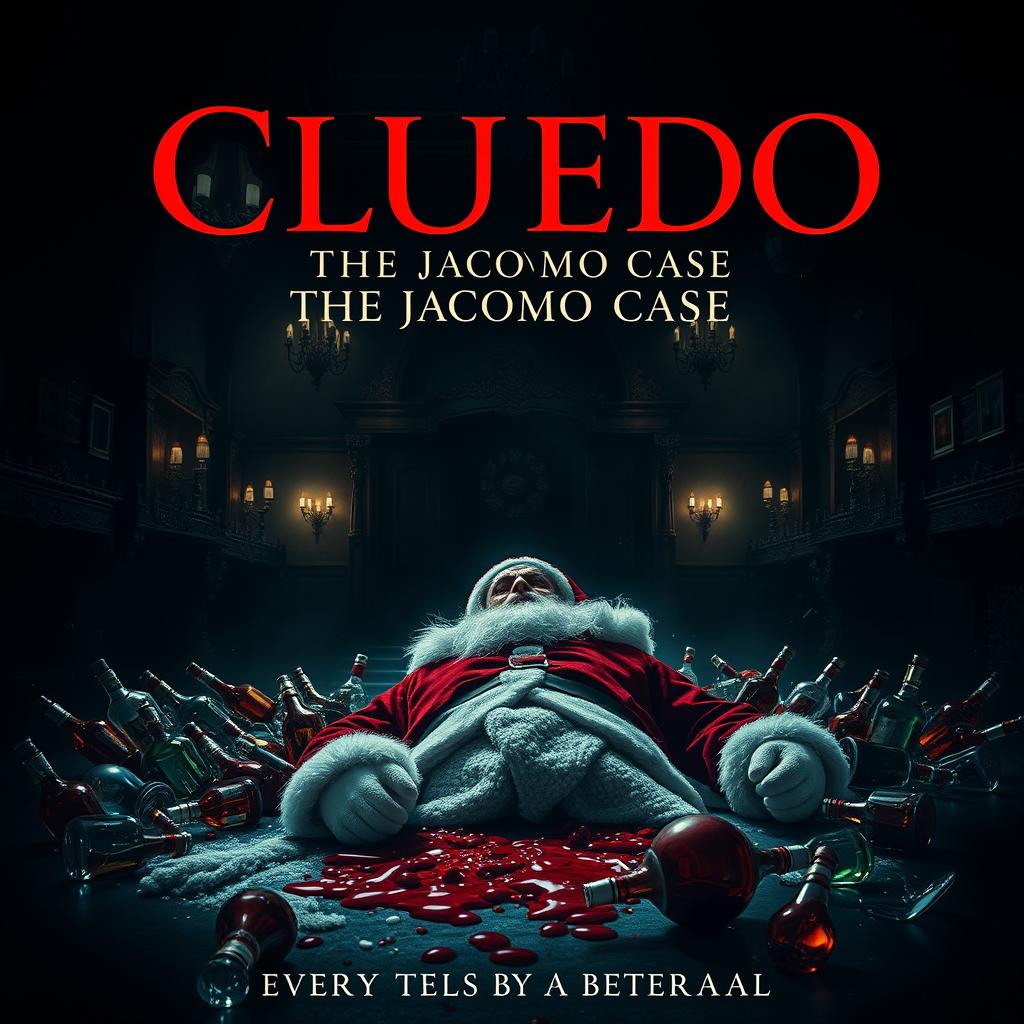 A moody film poster for 'Cluedo: The Jacomo Case', featuring a dark and atmospheric scene set in an opulent perfume factory named Jacomo