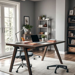 A modern work table setup in a cozy home office