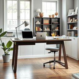A modern work table setup in a cozy home office