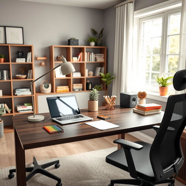 A modern work table setup in a cozy home office