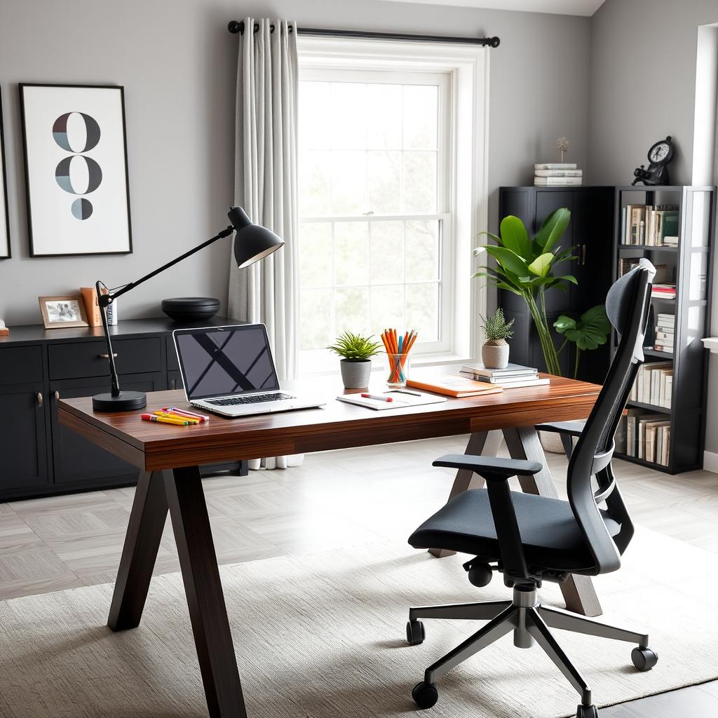 A modern work table setup in a cozy home office