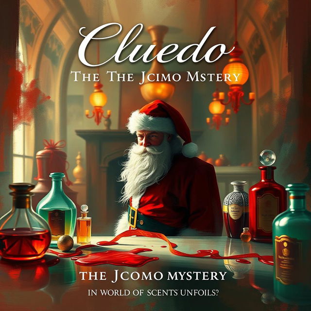 An impressionist-style film poster for 'Cluedo: The Jacomo Mystery', capturing a dreamy and textured scene set in a perfume factory named Jacomo