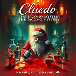 An impressionist-style film poster for 'Cluedo: The Jacomo Mystery', capturing a dreamy and textured scene set in a perfume factory named Jacomo