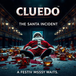 A cinematic film poster for 'Cluedo: The Santa Incident', featuring a dramatic and suspenseful scene set in an opulent perfume factory