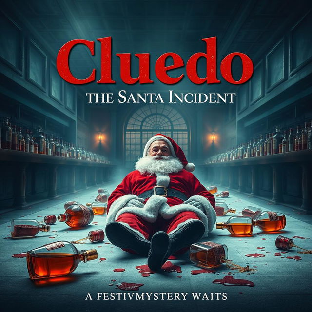 A cinematic film poster for 'Cluedo: The Santa Incident', featuring a dramatic and suspenseful scene set in an opulent perfume factory