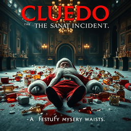 A cinematic film poster for 'Cluedo: The Santa Incident', featuring a dramatic and suspenseful scene set in an opulent perfume factory