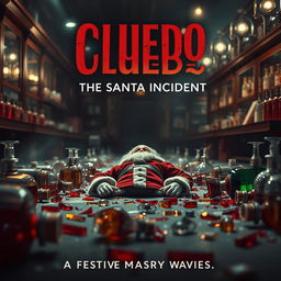 A cinematic film poster for 'Cluedo: The Santa Incident', featuring a dramatic and suspenseful scene set in an opulent perfume factory