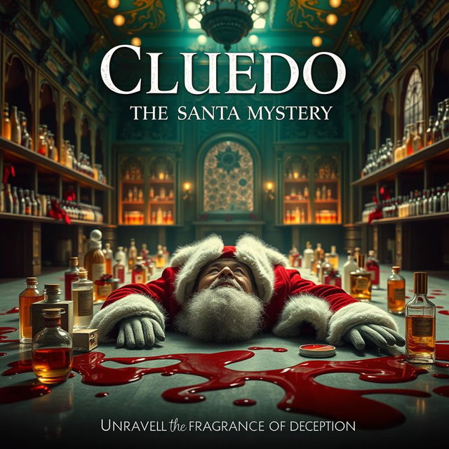 A cinematic film poster for 'Cluedo: The Santa Mystery', set in a luxurious perfume factory where Santa Claus is portrayed as the victim