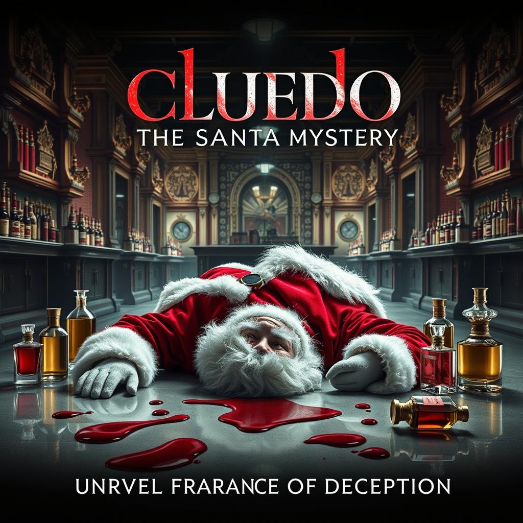 A cinematic film poster for 'Cluedo: The Santa Mystery', set in a luxurious perfume factory where Santa Claus is portrayed as the victim