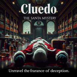 A cinematic film poster for 'Cluedo: The Santa Mystery', set in a luxurious perfume factory where Santa Claus is portrayed as the victim