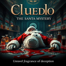 A cinematic film poster for 'Cluedo: The Santa Mystery', set in a luxurious perfume factory where Santa Claus is portrayed as the victim
