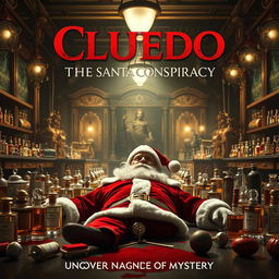 A cinematic film poster for 'Cluedo: The Santa Conspiracy', featuring a gripping scene set in a luxurious perfume factory