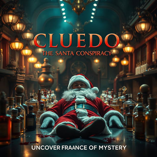 A cinematic film poster for 'Cluedo: The Santa Conspiracy', featuring a gripping scene set in a luxurious perfume factory