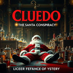 A cinematic film poster for 'Cluedo: The Santa Conspiracy', featuring a gripping scene set in a luxurious perfume factory