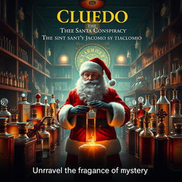 A cinematic film poster for 'Cluedo: The Santa Conspiracy at Jacomo', featuring a captivating scene set in a luxurious perfume factory named Jacomo