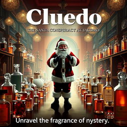 A cinematic film poster for 'Cluedo: The Santa Conspiracy at Jacomo', featuring a captivating scene set in a luxurious perfume factory named Jacomo