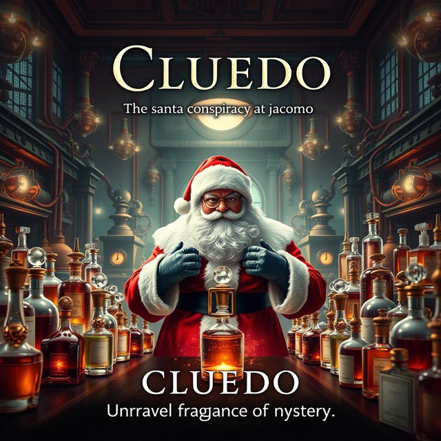 A cinematic film poster for 'Cluedo: The Santa Conspiracy at Jacomo', featuring a captivating scene set in a luxurious perfume factory named Jacomo