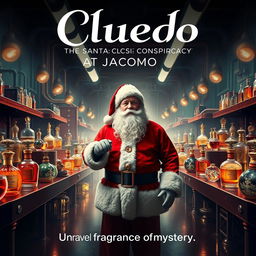 A cinematic film poster for 'Cluedo: The Santa Conspiracy at Jacomo', featuring a captivating scene set in a luxurious perfume factory named Jacomo