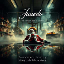 A captivating mystery cinematic film poster for 'Cluedo: The Santa Case at Jacomo', depicting a luxurious perfume factory as the backdrop