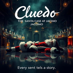 A captivating mystery cinematic film poster for 'Cluedo: The Santa Case at Jacomo', depicting a luxurious perfume factory as the backdrop