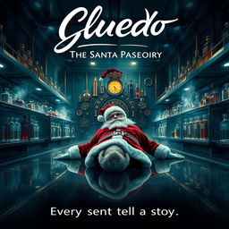 A captivating mystery cinematic film poster for 'Cluedo: The Santa Case at Jacomo', depicting a luxurious perfume factory as the backdrop